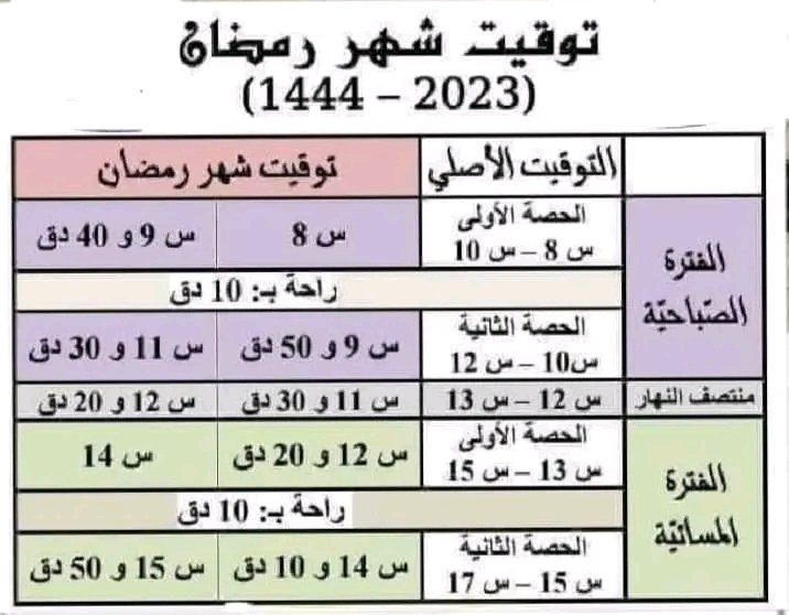 توقيت رمضان للمدارس الابتدائية 2023 في تونس
