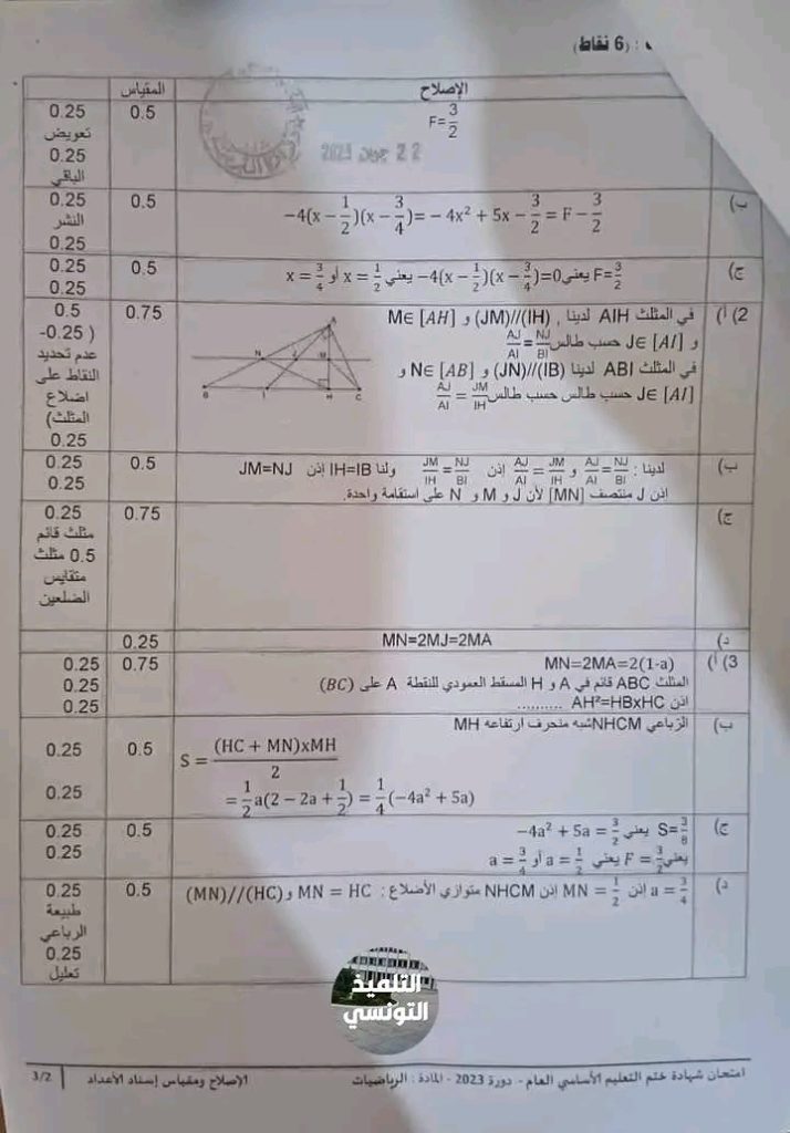إصلاح مناظرة التاسعة أساسي 2023 الرياضيات