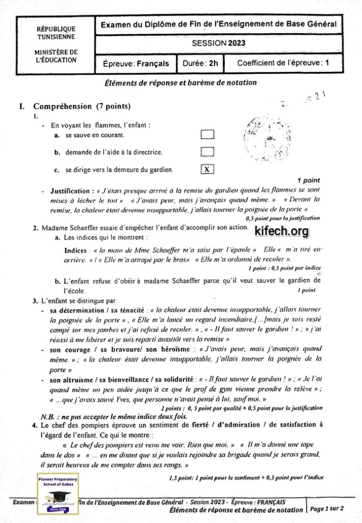 اصلاح امتحان الفرنسية مناظرة السنة التاسعة اساسي 2023