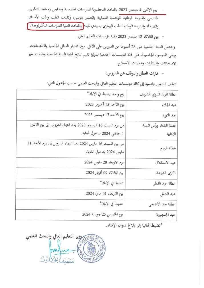 العطل الجامعية 2024 2023 في تونس