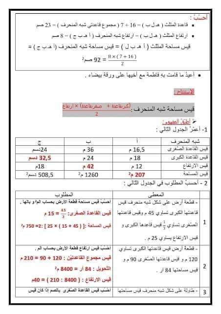 قيس مساحة الشبه منحرف سنة سادسة