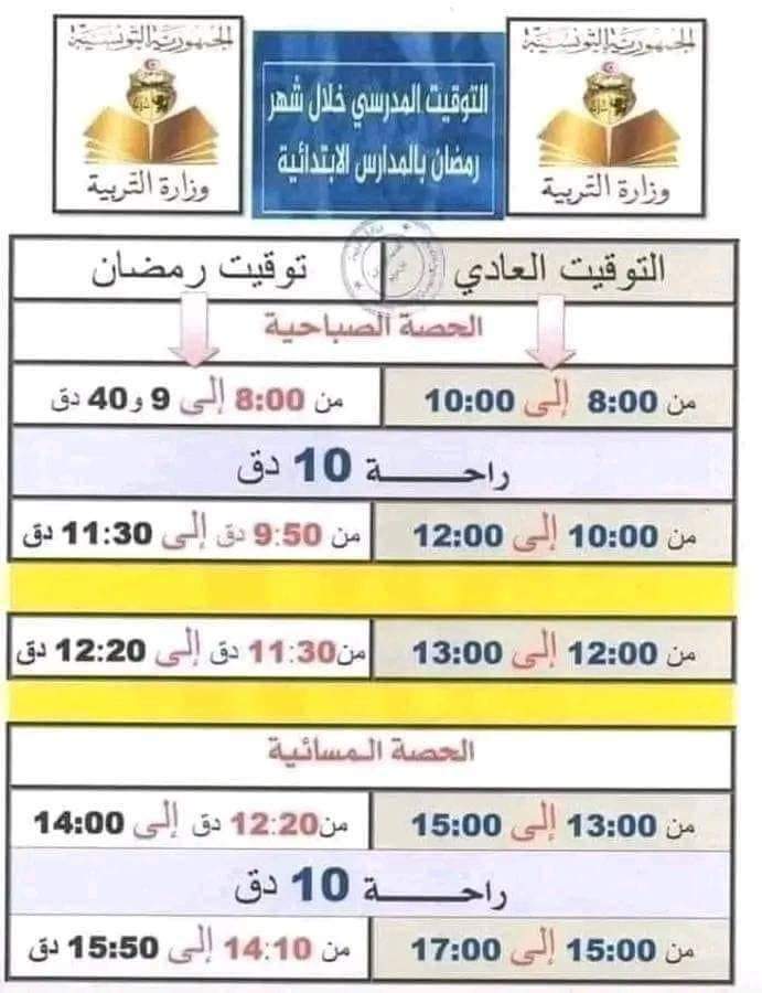 توقيت رمضان للمدارس الابتدائية 2024 في تونس